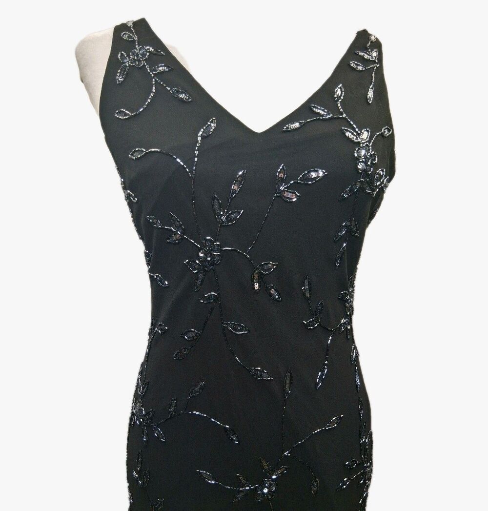 J Kara Vintage Black Beaded Midi Dress Size 10 Flapper Art Deco Formal Evening - Picture 4 of 16